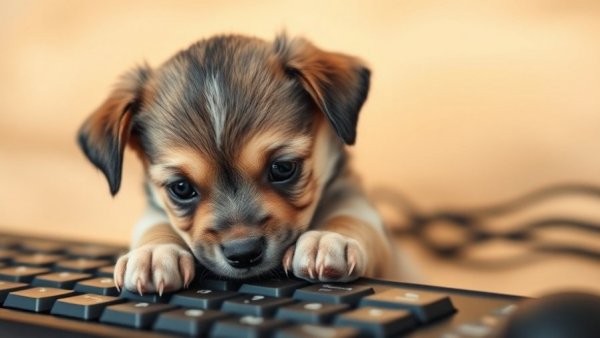 Adorable puppy paws keyboard, calming music for dogs, lifelike photo.