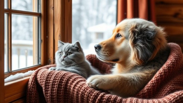 Pets showcasing seasonal mood changes, cozy in winter.