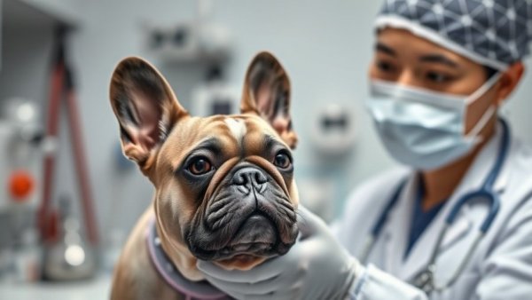 Veterinarian checks French Bulldog in clinic, guidance for when your dog eats gum.