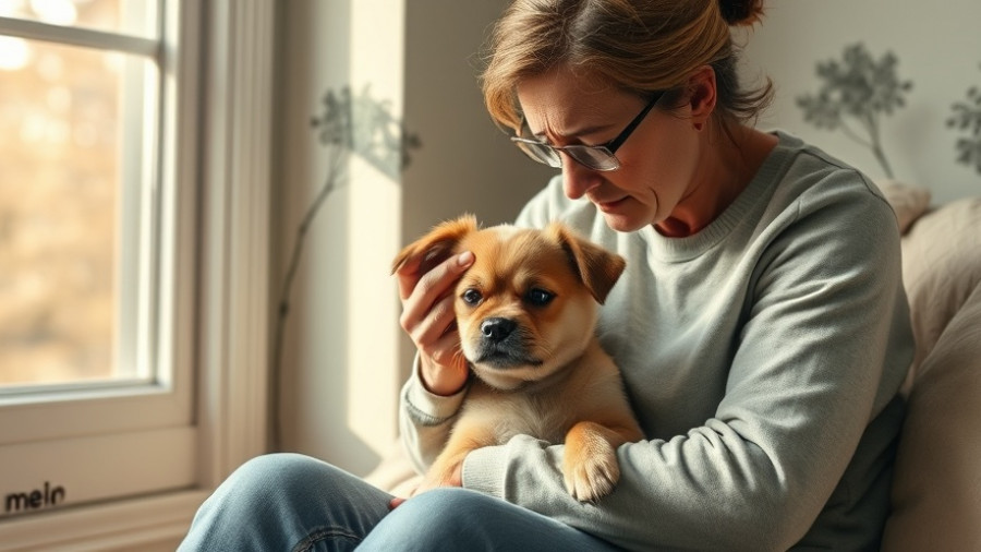 Concerned pet owner cradling dog near moldy wall, highlighting toxic mold effects on pets.