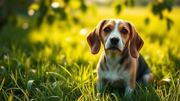 Beagle on grass looking alert and curious in sunlight.