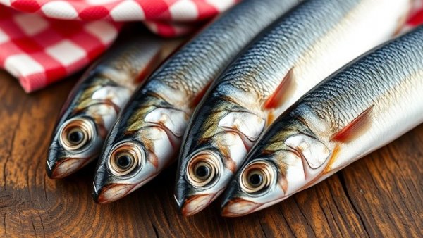 Fresh sardines for dogs on wooden board.