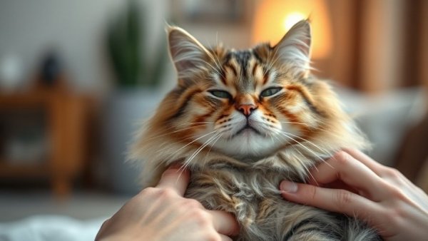 Fluffy tabby cat enjoying belly check with a gentle touch.