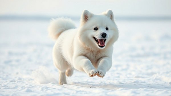 Fluffy white dog running in snowy landscape.