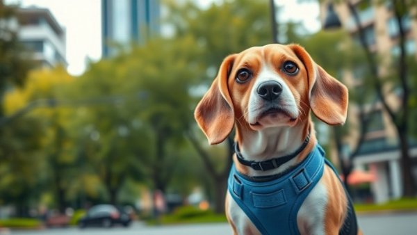 Beagle ownership tips: Beagle in a blue harness outdoors.