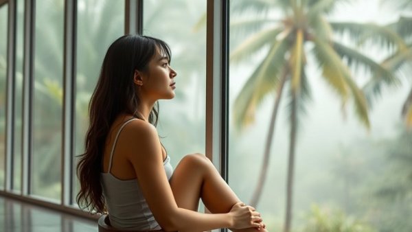 Woman cultivating Shen by window with tropical view for longevity.