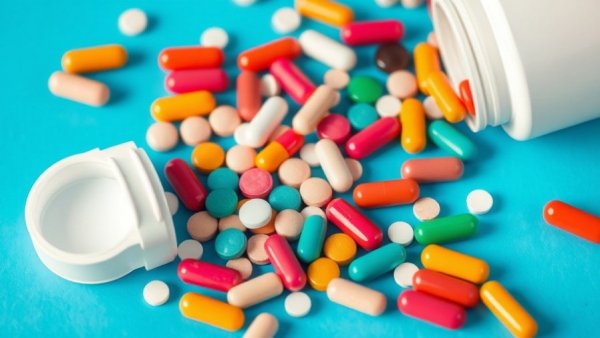 Colorful capsules and tablets on blue surface, Natural GLP-1 Supplements.