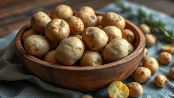 Close-up of russet potatoes in a wooden bowl, natural setting.