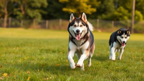 Biscuit the Husky freedom run with owner in field joy.