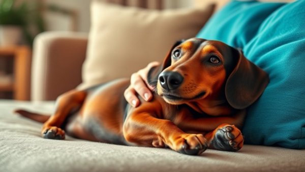 Dachshund enjoying belly rub for gut-brain health on blue cushion.