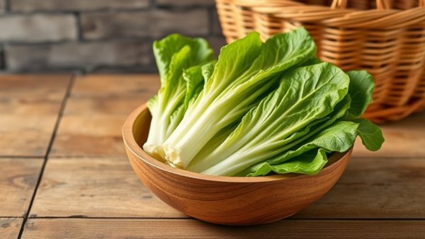 Fresh romaine lettuce in a wooden bowl on a wooden table.