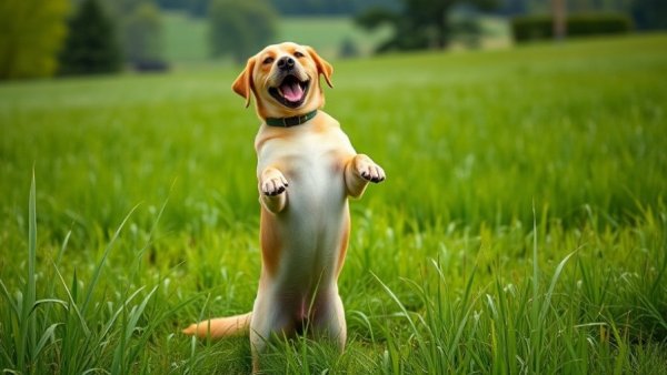 Joyful Labrador retriever playing in a grassy field.