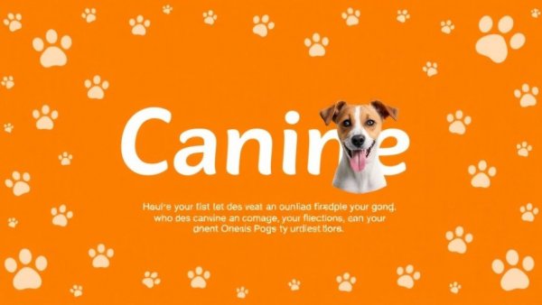 Bright orange dog-themed banner with text and dog's face.