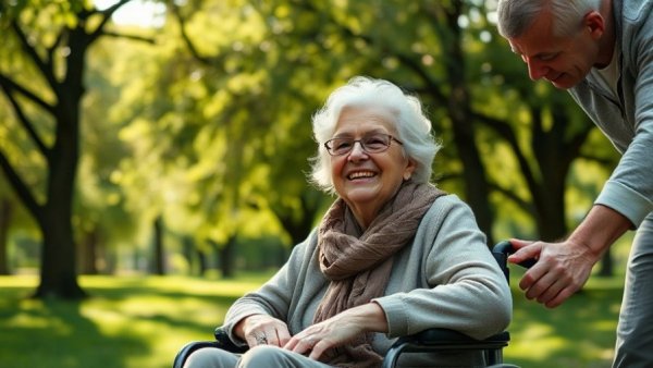Care dependency among elderly in Germany portrayed with a woman in wheelchair assisted in park.