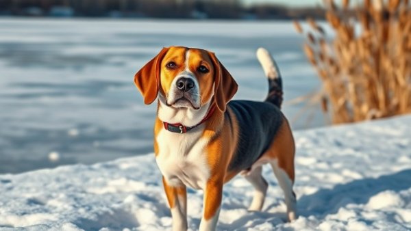 Beagle in snow by frozen lake, winter dog grooming solutions.