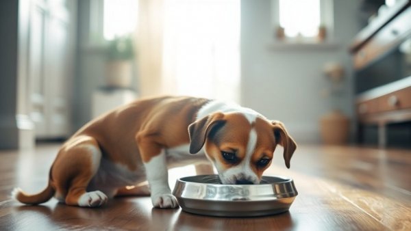 Dog eating anti-inflammatory foods for dogs in a sunlit room.