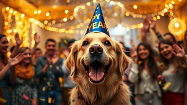 Joyful golden retriever in party setting with people celebrating.