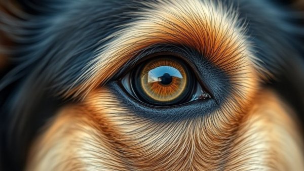 Close-up of dog's eye with detailed iris, corneal ulcers context.