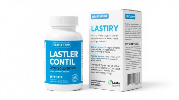 Support normal bladder control supplement packaging with bottle and box.