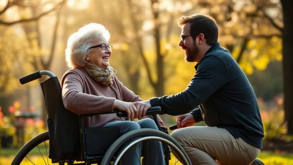 An elderly woman in a wheelchair conversing with a young man in a park, depicting care dependency among elderly in Germany.