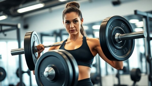 Fit woman lifting weights for body recomposition in a gym.