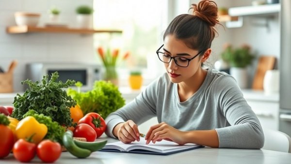 Focused person planning personalized diet with fresh produce and laptop.