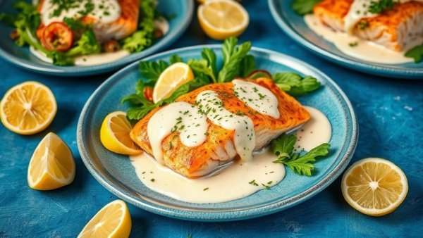 Salmon plates with salad and sauce for 2-2-2 Method for Weight Loss.