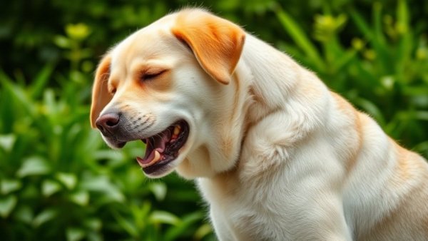 Cream-colored dog scratching head in a garden, sensitive skin.