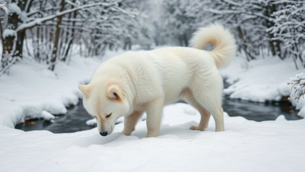 Fluffy white dog exploring snowy landscape, highlighting what makes a good dog.