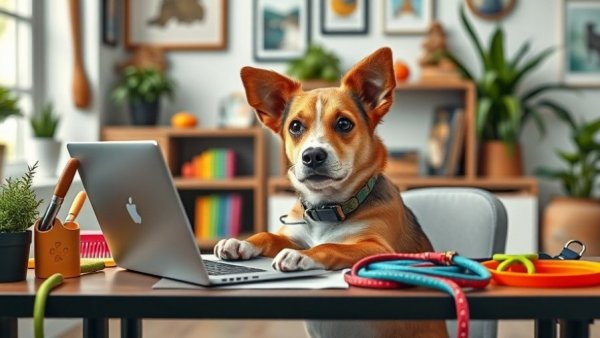Curious dog at desk shopping for best value dog gear on Amazon under $50.