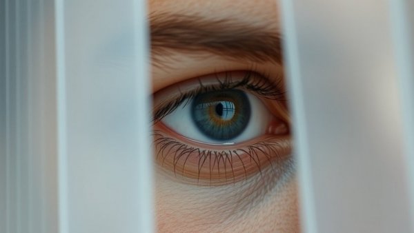 Close-up of eye partially obscured by striped material showcasing functional aesthetics.