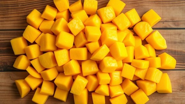 Can Dogs Eat Mango: Close-up of vibrant cubed mangoes.