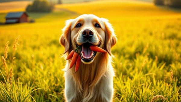 Golden retriever holding carrots in a sunny field, promoting superfoods for homemade dog treats.