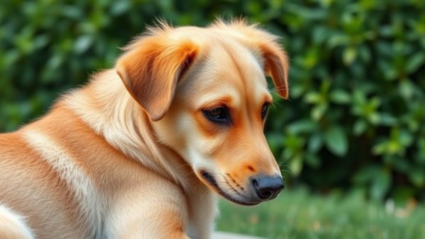 Tan dog scratching ear outdoors, dogs with sensitive skin.