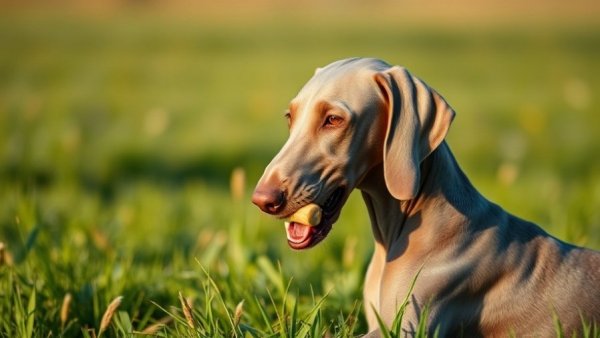 Weimaraner enjoying a raw bone diet in a grassy field.