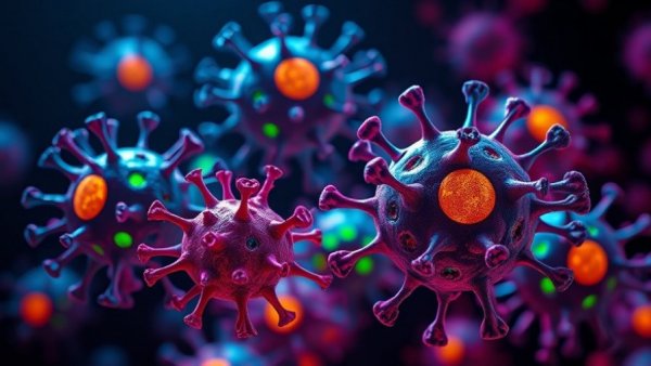 3D cancer cells depiction linked to Vitamin A and cancer interaction.