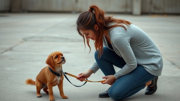 Dog recall training with woman and dog outdoors.