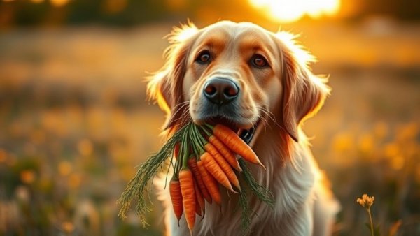 Golden retriever with carrots, promoting superfoods for homemade dog treats.