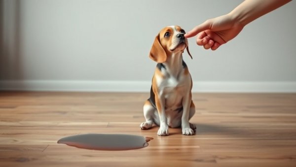 Beagle dog with urinary incontinence sitting on the floor.