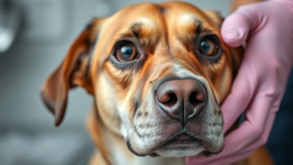 Veterinarian checks dog's eye for discharge, close-up view.