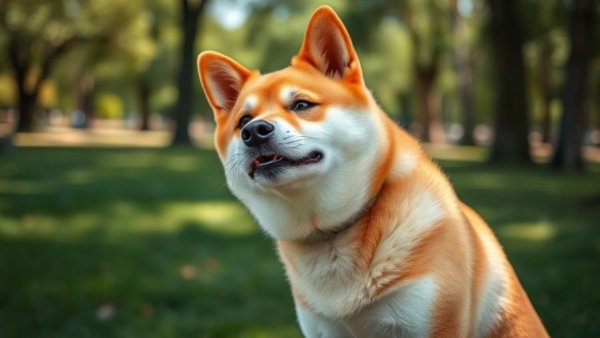 Shiba inu scratching in park, illustrating food allergies in dogs.