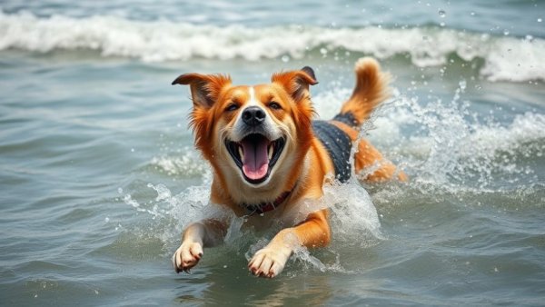 Energetic dog splashing in water showcasing preventing joint problems in dogs.