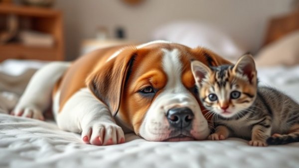 Tired puppy with kitten, cozy bed, Dog Iron Deficiency Anemia