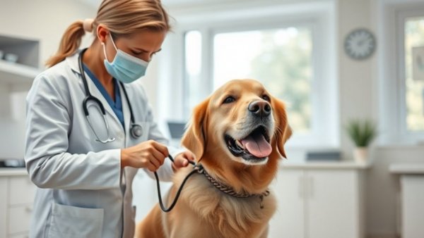 Veterinarian checks dog's weight, highlighting dog obesity-related illnesses.