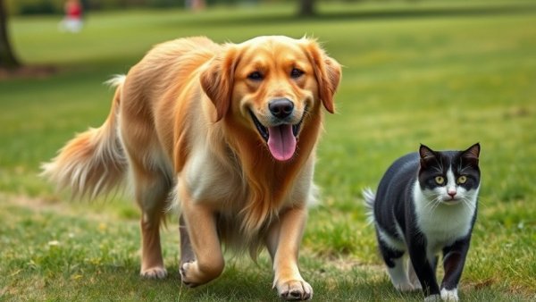 Friendly golden retriever with cat in a park, related to struvite stones in dogs.