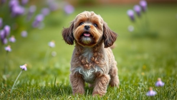 Curly-haired dog in garden, reflecting ethical dog training methods.