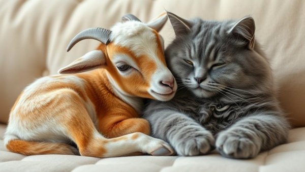 Goat and cat cuddling in a serene moment of interspecies animal friendship.