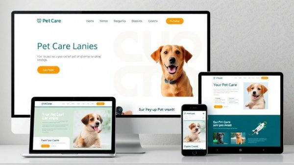Responsive pet care website design on multiple devices, highlighting treating dog eye discharge at home.