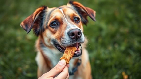 Attentive dog training with treats in a grassy field.
