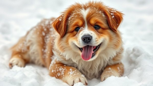 Fluffy dog playfully lying in snow, snowball blowout for dogs.